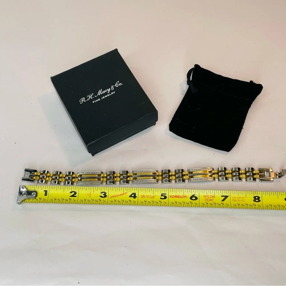 R.H. Macy Mens Two Toned Stainless Steel Metal Link Diamond Bracelet 9” Long - Picture 14 of 16